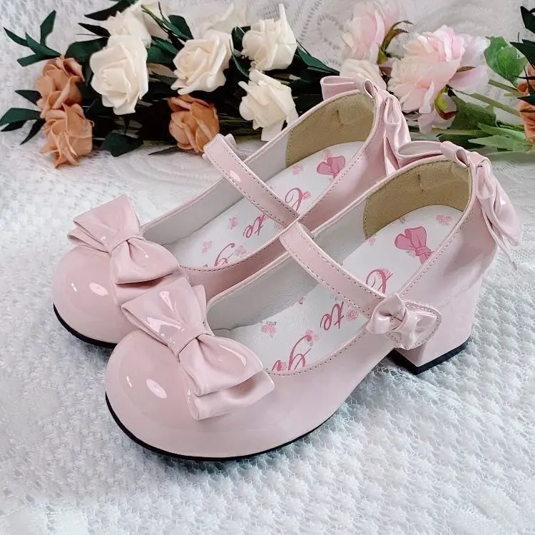 

2025 Lolita Style Cute Girls Sweet Round Head Jane Pumps With Bow Women's Party Dress Midi Heels Shoes Fashion PU Sandals