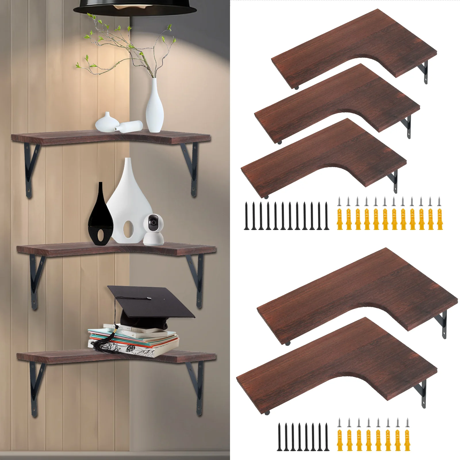 3PCS/2PCS Corner Shelf Wall Mount Wood Round Floating Corner Shelves Hanging Wood Shelves for Storage Display Bedroom Kitchen