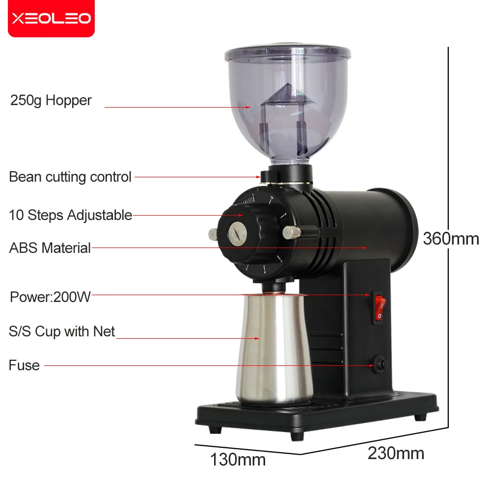 Xeoleo-molinillo de café eléctrico, molinillo de café de rebaba plana S/S de 60mm, molinillo de café expreso de 10 pasos, rectificadora eléctrica