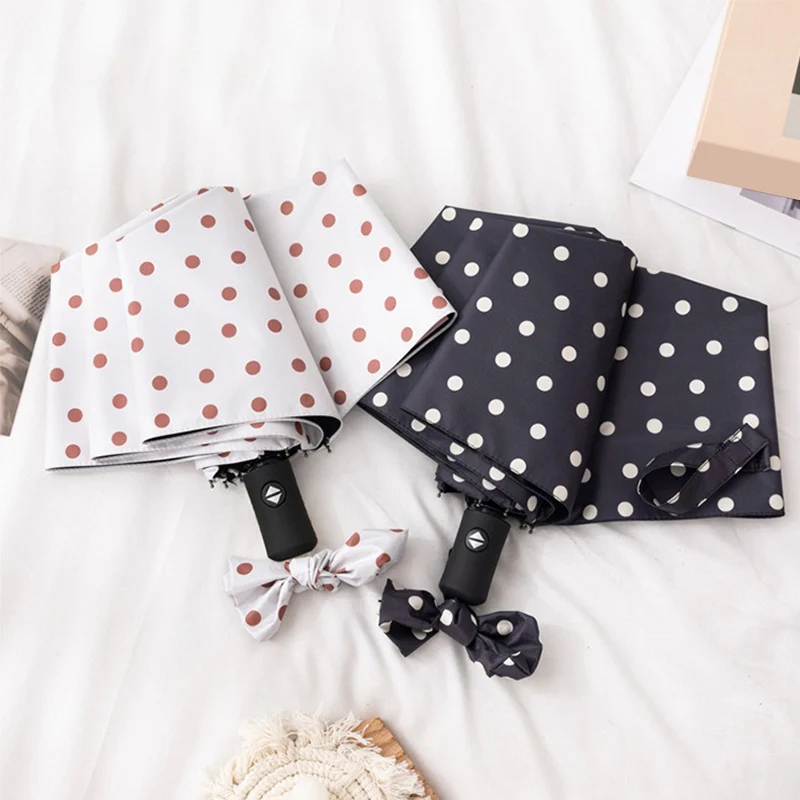 

Simple and elegant Wave Point Black and White Triple Fold Umbrella Mini Sunshade Fully Automatic Umbrella UV Sunshade Umbrella