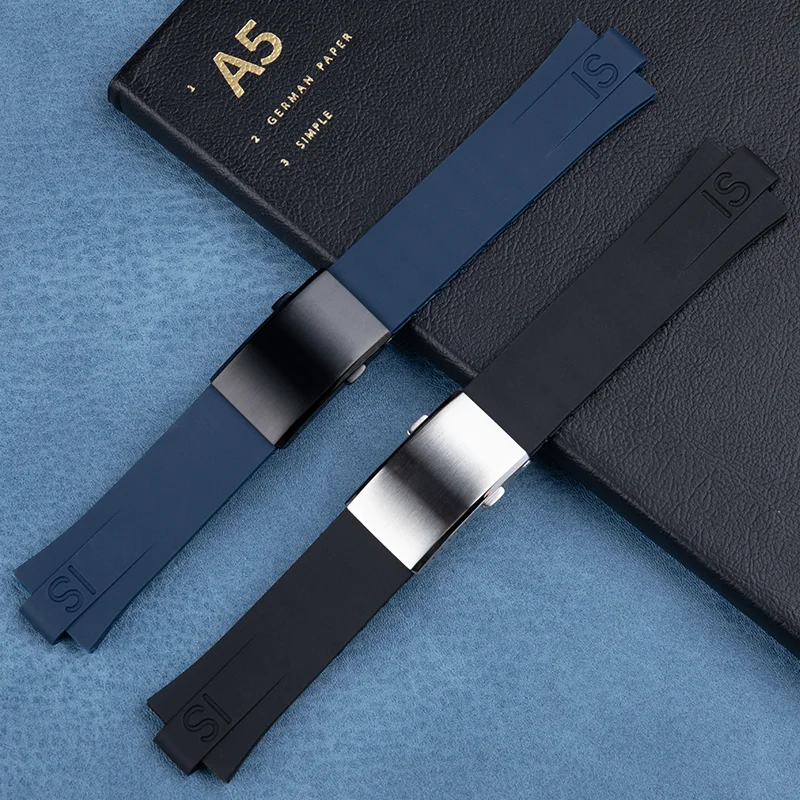 محدب 24*11 مللي متر واجهة جودة الأسود بولي TPU المطاط معصمه ل أوريس حزام AQUIS سوار مقاوم للماء حزام الساعات مع أضعاف مشبك