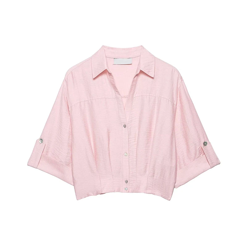 

Women's Pink Cropped Button Down Shirt Roll Tab Sleeve Lapel Collar Casual Work Summer Blouse