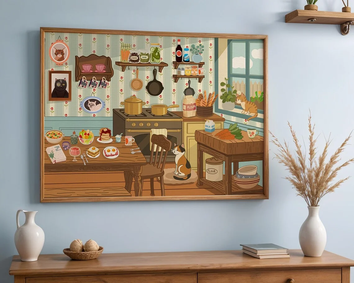 Vintage Cat Kitchen Art Print, Cozy Cottagecore Wall Art, Retro Kitchen Decor with Calico Cats, Rustic Farmhouse Food