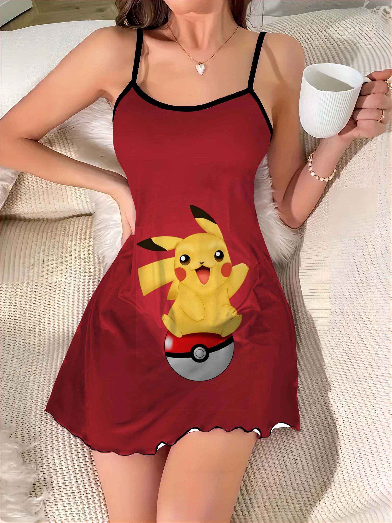 Satin Surface Fashion Summer Dresses 2024 Lettuce Trim Pajama Skirt Crew Neck Slip Dress Pokémon Pikachu Elegant Women Mini Sexy