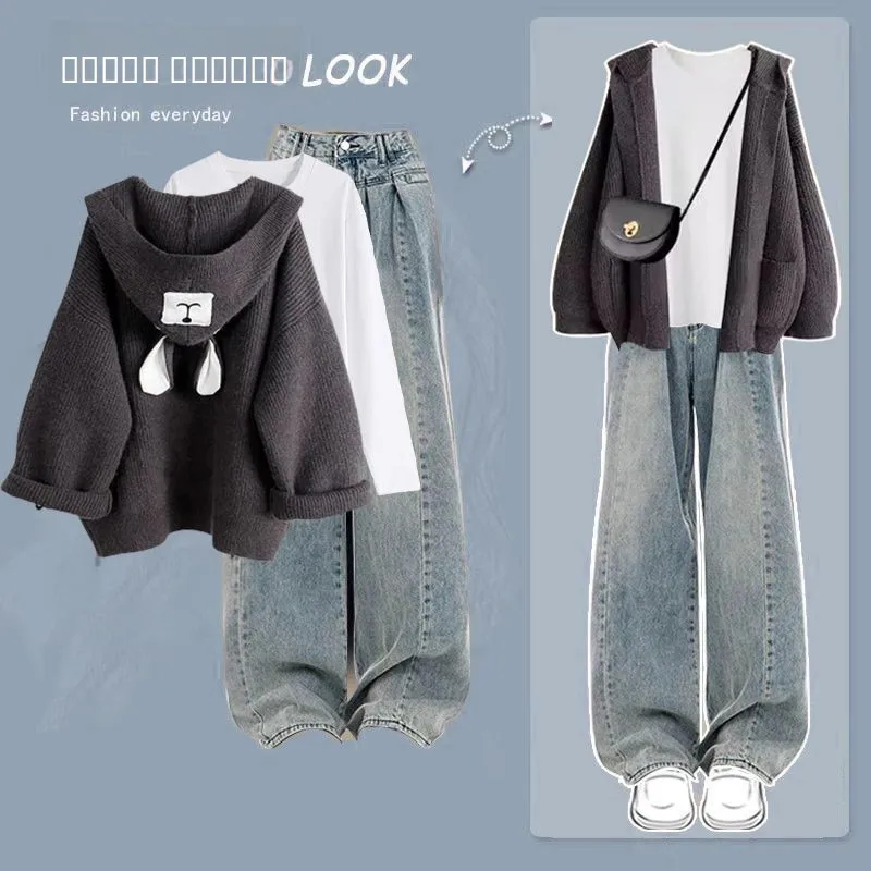 

Женский вязаный открытый кардиган, свитер, свободный повседневный топ с капюшоном, джинсовая футболка, комплект, модная осенняя коллекция