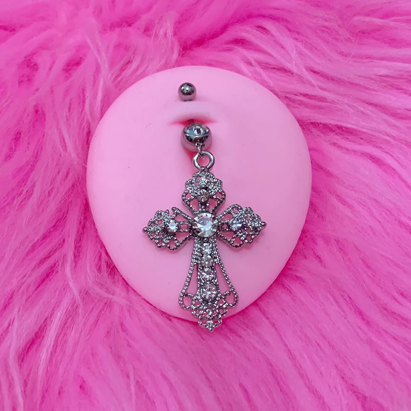 Y2K Body Accessory Bling Crystal Pink Cross Belly Rings Punk Aesthetic Body Piercing Belly Piercing Jewelry Egirl Korean Fashion