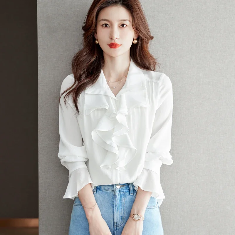 

2024 Autumn Long Sleeve White Shirts V-Neck Ruffle Hem Blouse for Women Elegant Flared Sleeves Blouses Chic Design Womens Tops