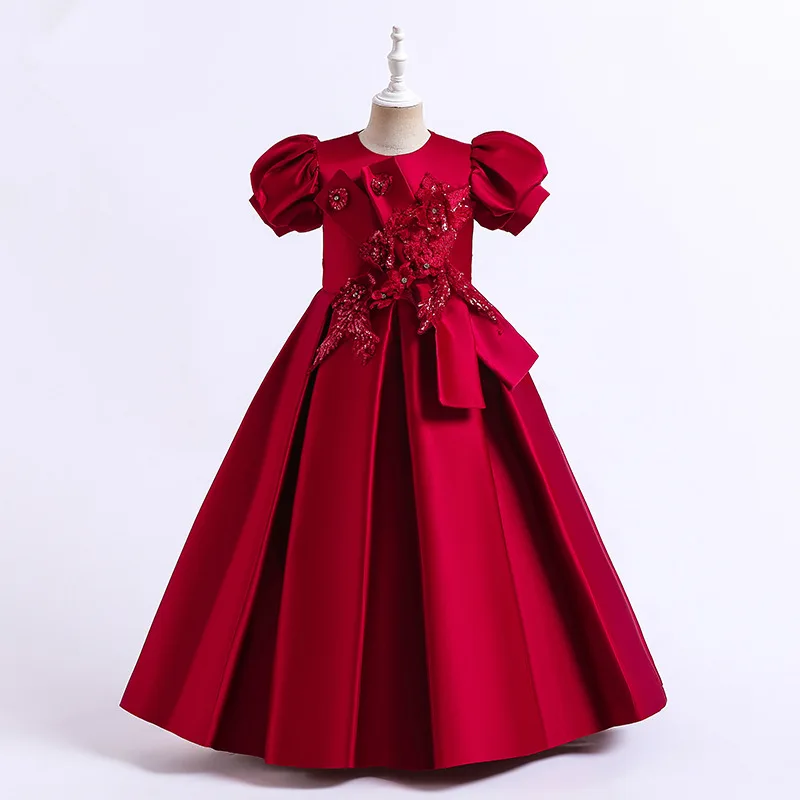 New Girls\' Satin Handmade Beaded Puffy Princess Bubble Sleeve Piano Host Birthday Performance Party Birthday Dress