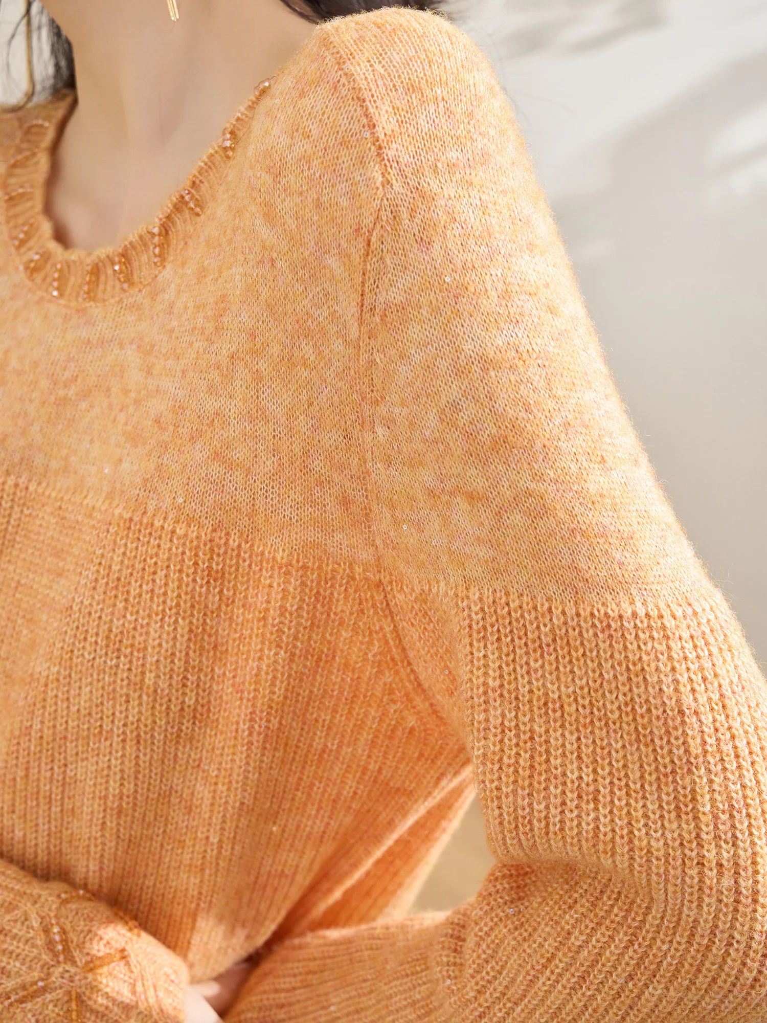 

Orange Splice Knitted Base irt Women's Inner Wear Versatile Lazy Sle Flowing Era Design High-End Feeling Long Sve Top