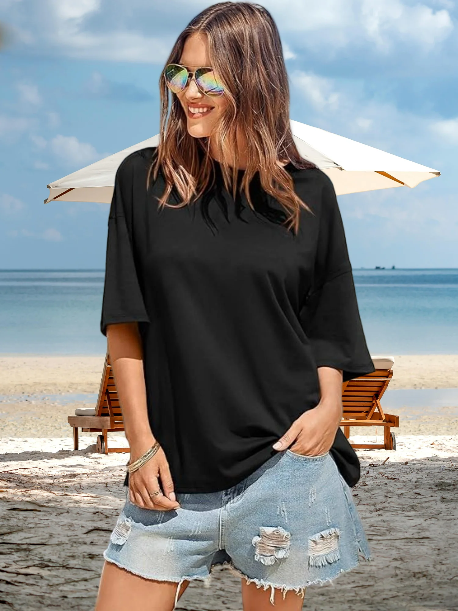 تي شيرت نسائي صيفي كبير الحجم - قميص سادة فضفاض بأكمام قصيرة ورقبة دائرية مع فتحات جانبية