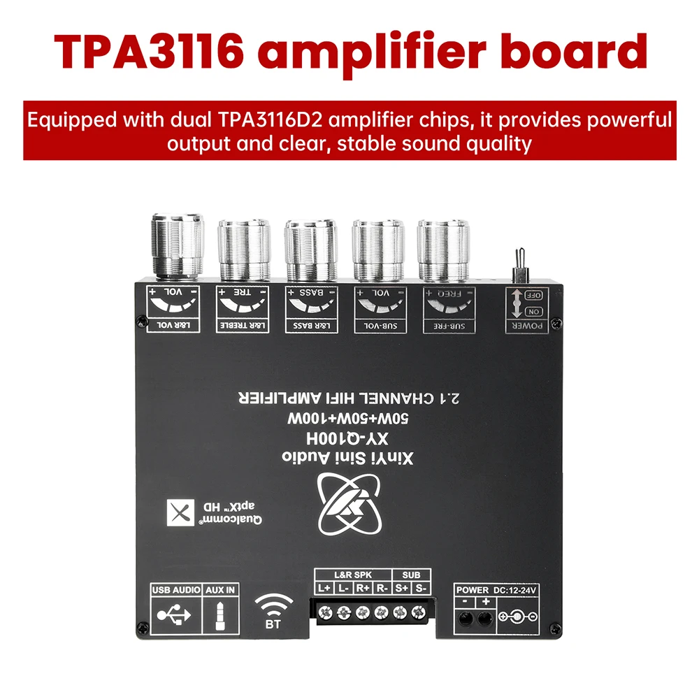DC12-24V Q100 بلوتوث مكبر للصوت مجلس 2.1 قناة 50Wx2 + 100 واط مضخم الصوت مضخم الصوت الرقمي #5