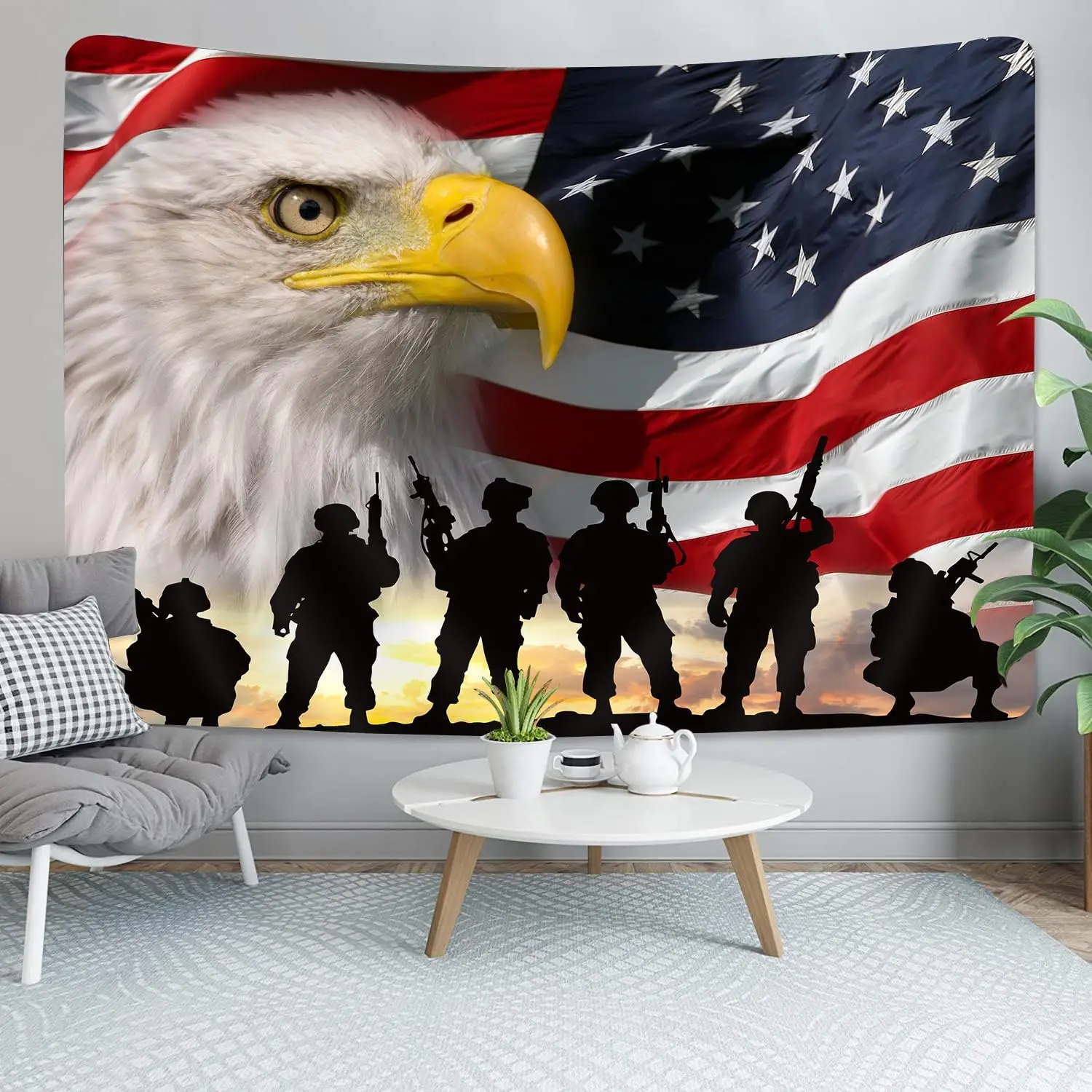 American Flag Military Soldiers Tapestry – Patriotic Eagle & Sunset Wall Hanging for Living Room, Bedroom, Dorm & Man Cave Decor 1