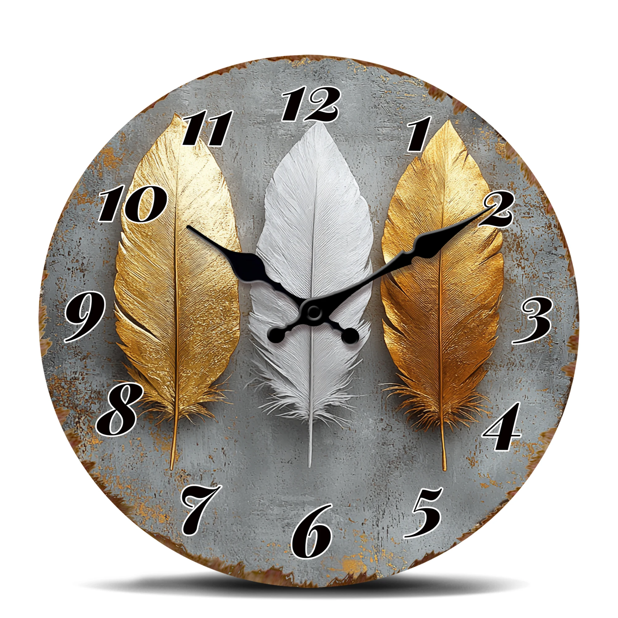 Goldene und weiße Federkunst-Wanduhr, leise Quarzuhr im böhmischen Stil, einzigartige runde dekorative Uhr für das Wohnzimmer