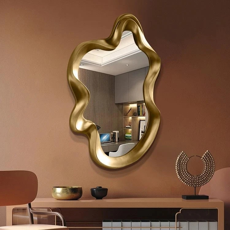 Vintage Gold Wall Mounted Makeup Mirror Home Decor Luxury Wood Irregular Shape Frame Wall Mirror