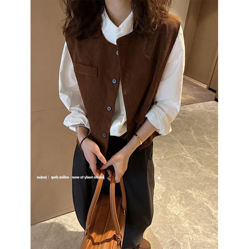 MEXZT Vintage Corduroy Vest Women Streetwear Cropped Jackets Japanese Harajuku Waistcoat Sleeveless Coats Ladies Loose Outerwear