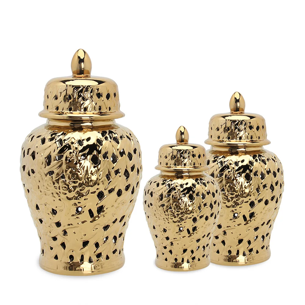 Modern New Chinese Hollow Golden Bamboo Leaf Ceramic General Jar Dried Flower Arrangement Decoration Porch Home Decoration