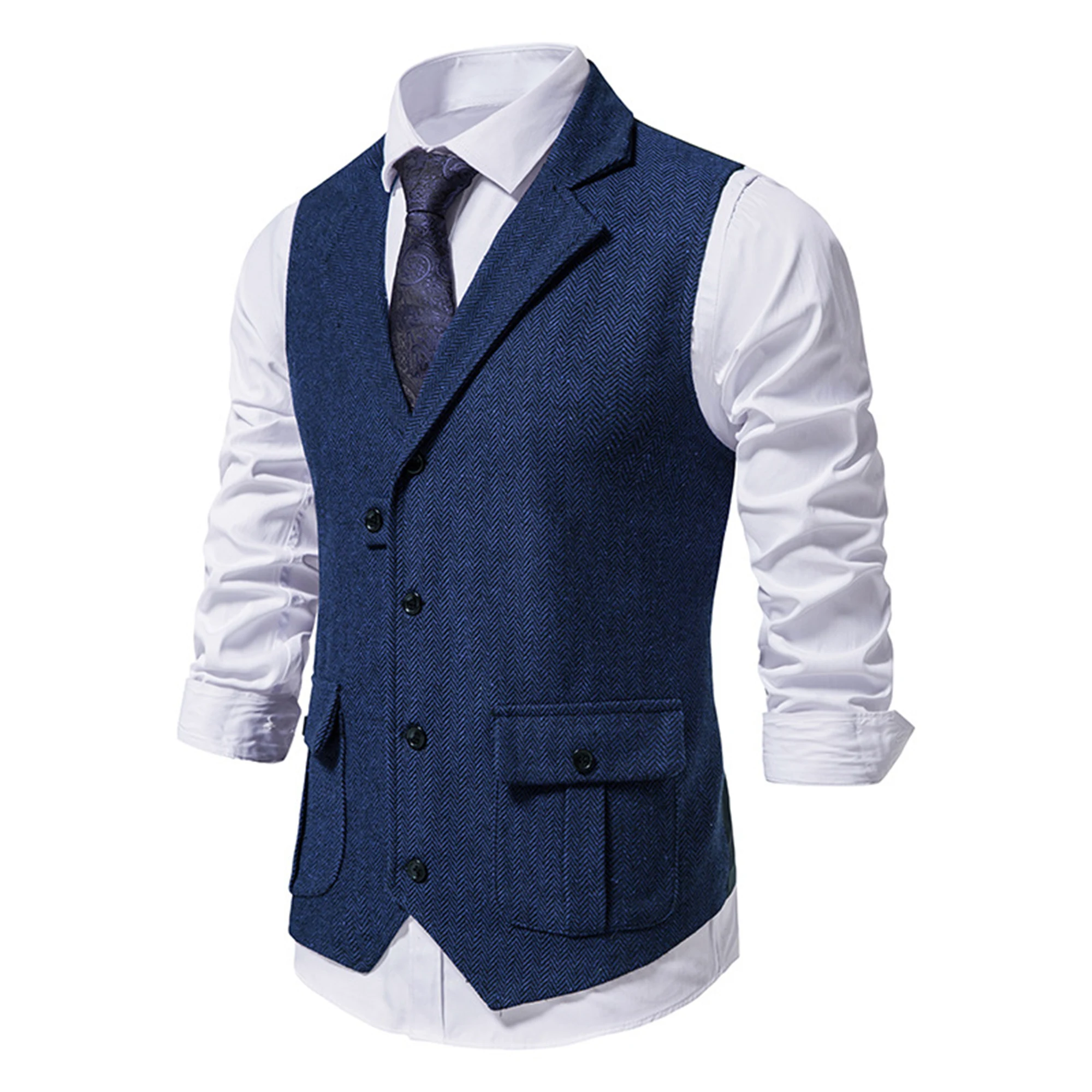 Fashion V-neck Double Breasted Herringbone Tweed Suit Vest  Mens Casual Striped Waistcoat Punk Groomman Wedding Grey Brwon Green