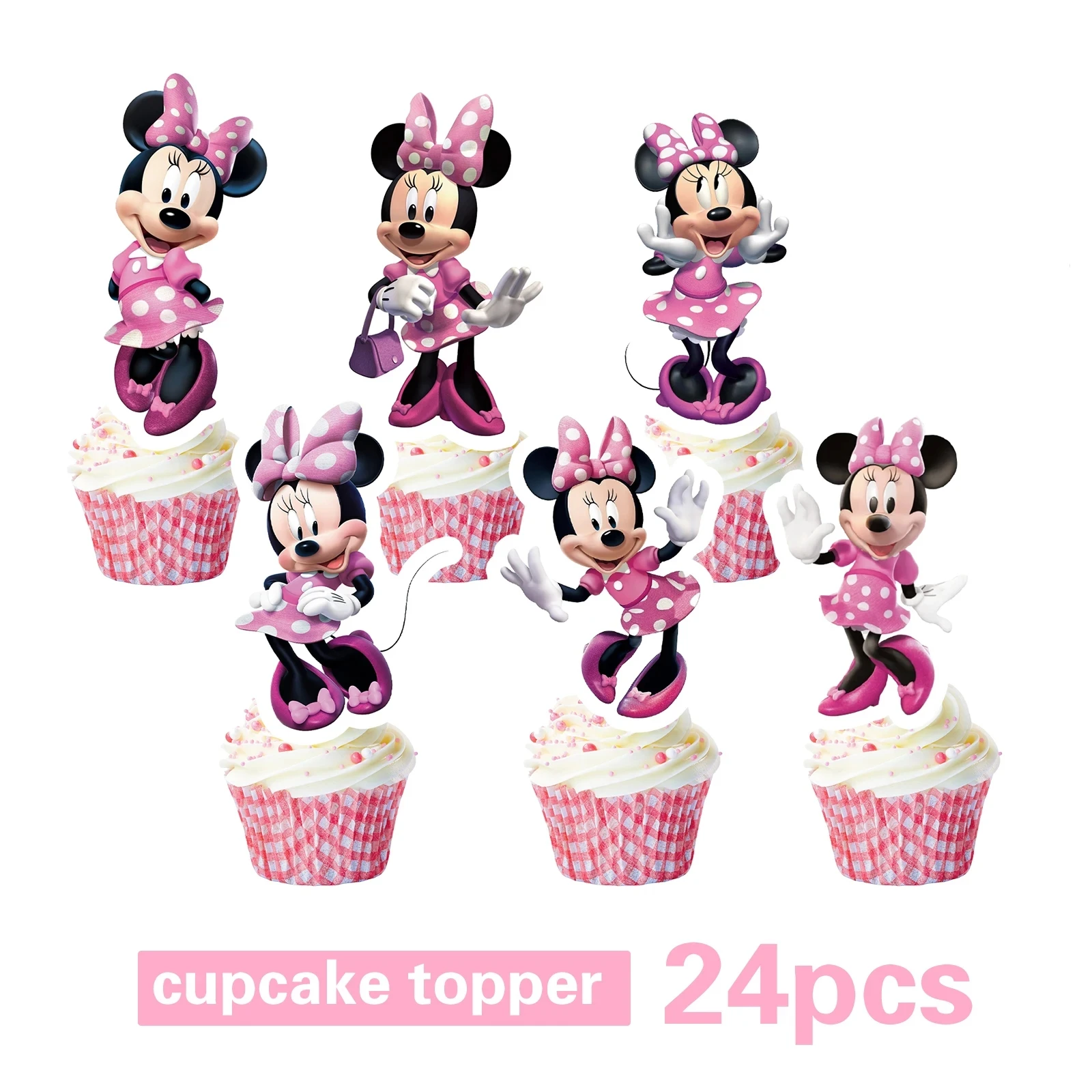 24Pcs Cake Toppers Minnie Mickey Mouse Stitch Princess Cake Decoration Supplies Set Baby Shower Cake Flag Kids Birthday Party