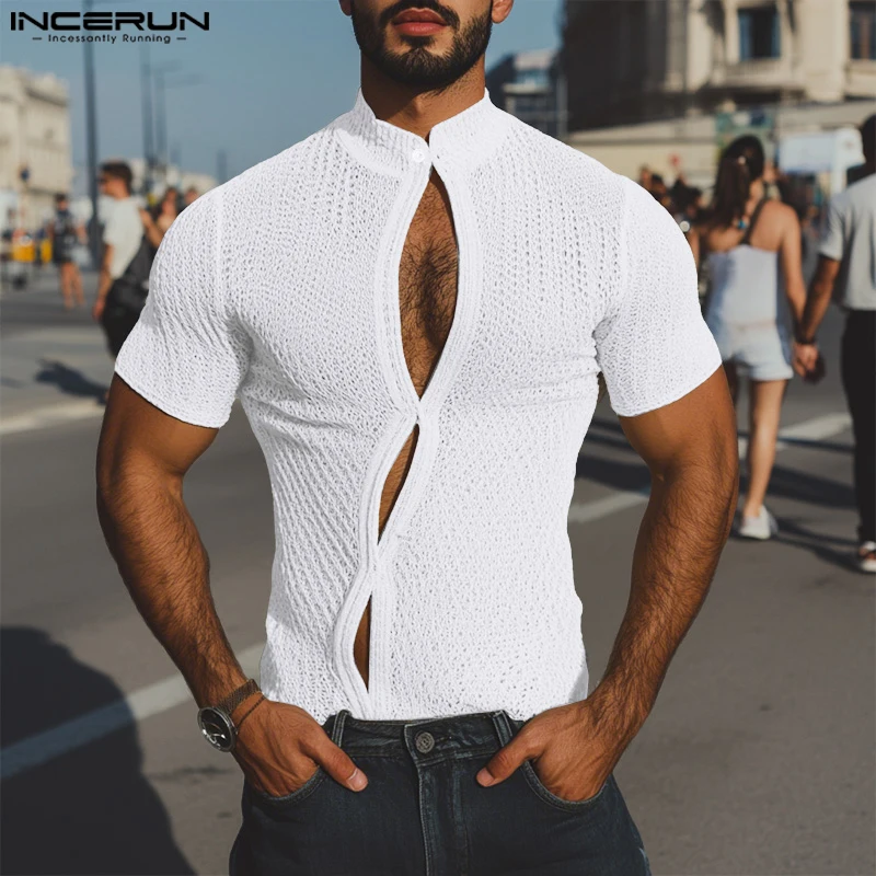 

INCERUN Men Shirt Solid Color See Through Knitted Streetwear Stand Collar Short Sleeve Hollow Out Men Clothing Summer Tee Tops