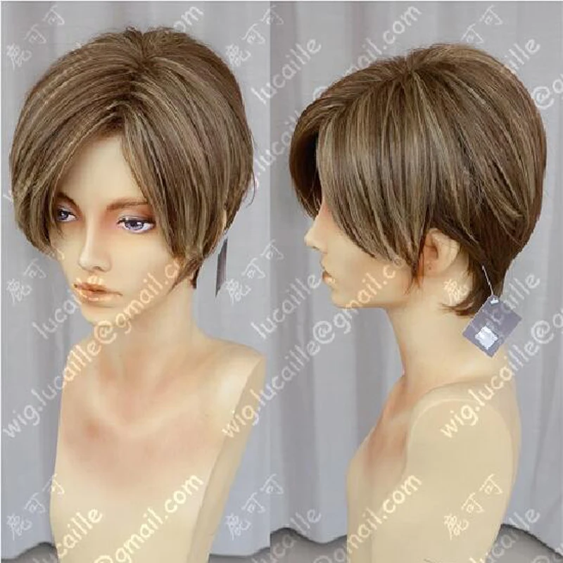 Movie Leon Scott Kennedy Cosplay Wig Short Mixed Brown Highlights Styled Heat Resistant Hair Anime Wigs + Wig Cap