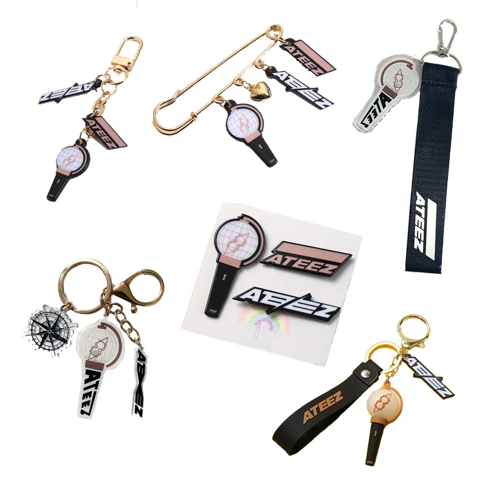 Kpop ATEEZ Brooch Keychain 3pcs/Set Lightstick Pendant Bag Hat Clothes Pins Accessories Key Ring Yeosang Mingi Yunho Fans Gift