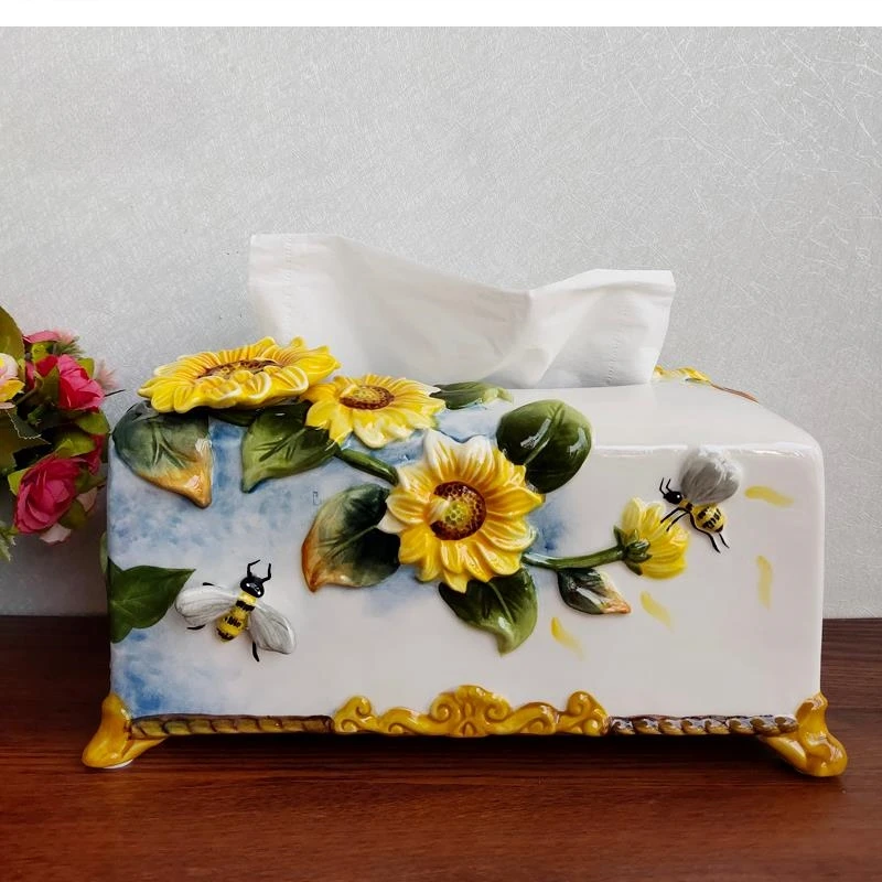 

European pure hand-painted ceramic sunflower tissue box holder Living room table coffee paper towel home decoration