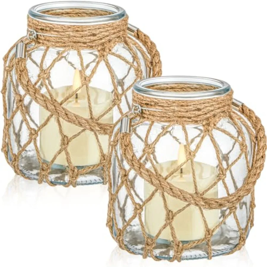 

2 Set Nautical Candle Lantern with Rope Handle Coastal Glass Jar Battery Operated LED Flameless Lantern for Room Party Sea Beac