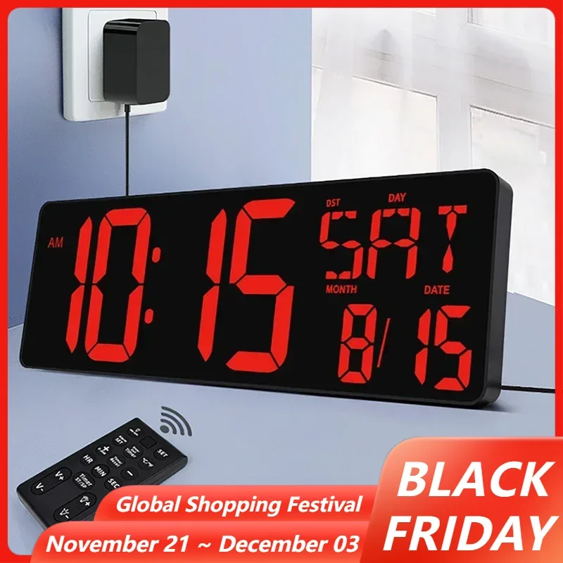 42cm Large Screen LED Digital Perpetual Calendar Clock Brightness Adjustable Temperature Date Week Display Alarm Clock with RE