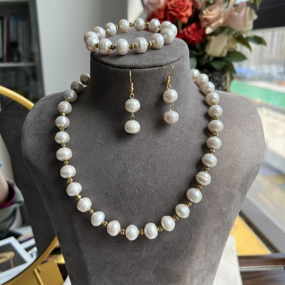 Conjunto de joias vintage Freshwater Baroque Pearl para mulheres e meninas, conjunto pulseira e brincos, moda