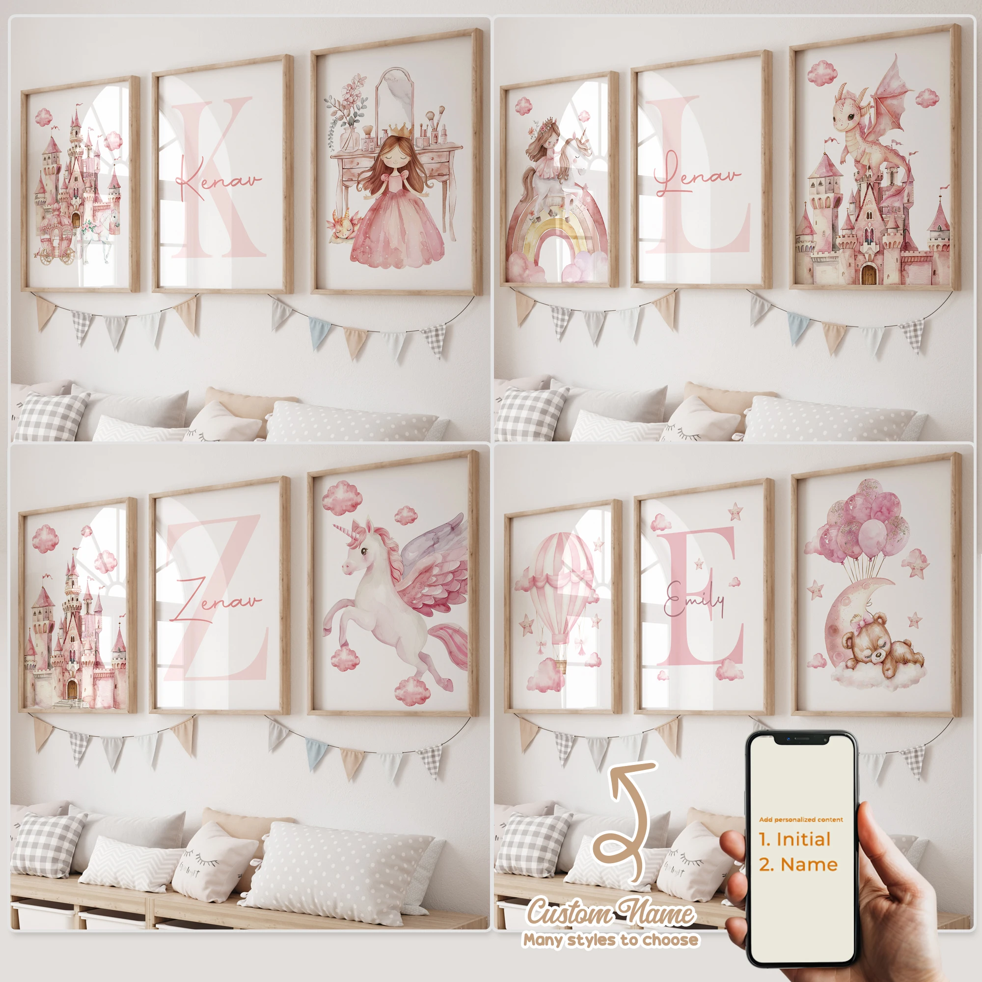 

3pcs Custom Kids Personalized Name Pink Unicorn Princess Castle Girl Wall Art Print Picture Living Room Kids Room Home Decor