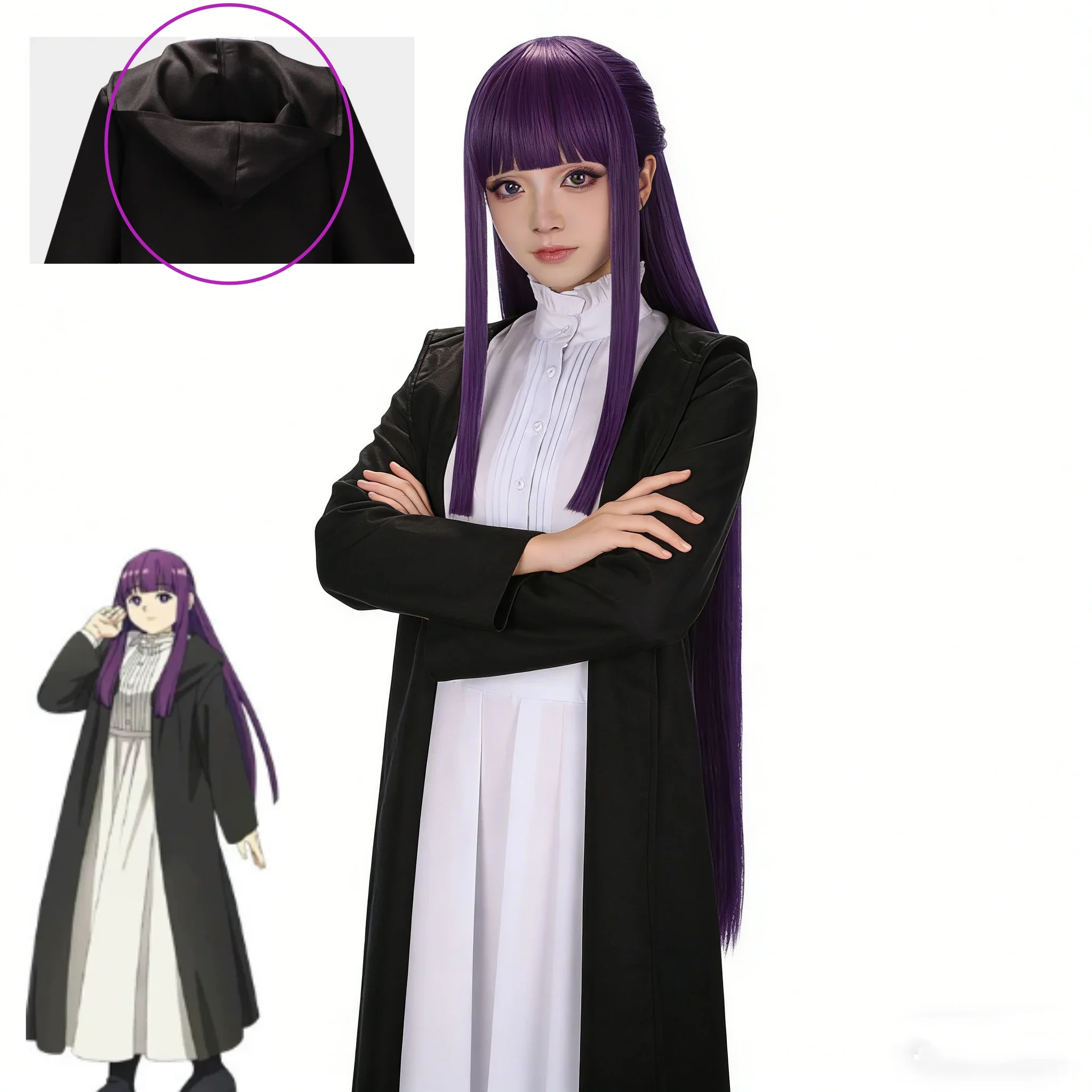 2026 Frieren Fern Cosplay Costume Purple Wig White Long Dress Black Coat Jacket Full Set Uniform Halloween Comic Con Outfits view 5