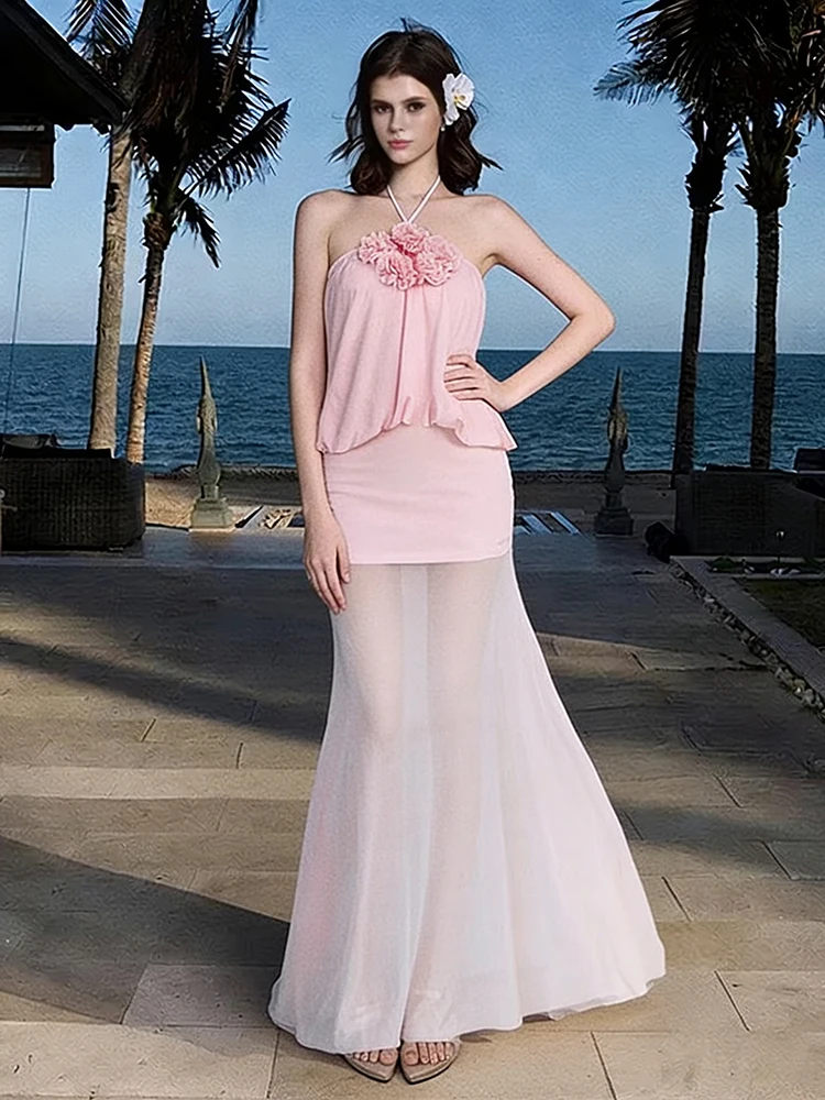 

Nibber Sweet 2-Piece Set Women Vacation Halter 3d Flower Backless Vest+Patchwork Mesh Skirt Elegant Beach Party Summer Suits