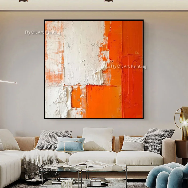 100% Hand Painted Orange Geometric Impasto Wall Art, White Orange Patch Texture Painting, Bright Home Decor For Living Room