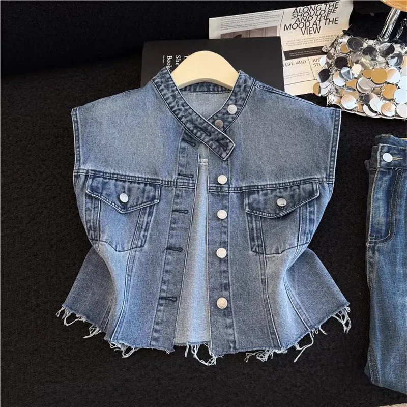 

Spring Women Vintage Blue Slim Thin Short Denim Vest Stand Collar Single-Breasted Sleeveless Burrs Hem Cowboy Waistcoat Female