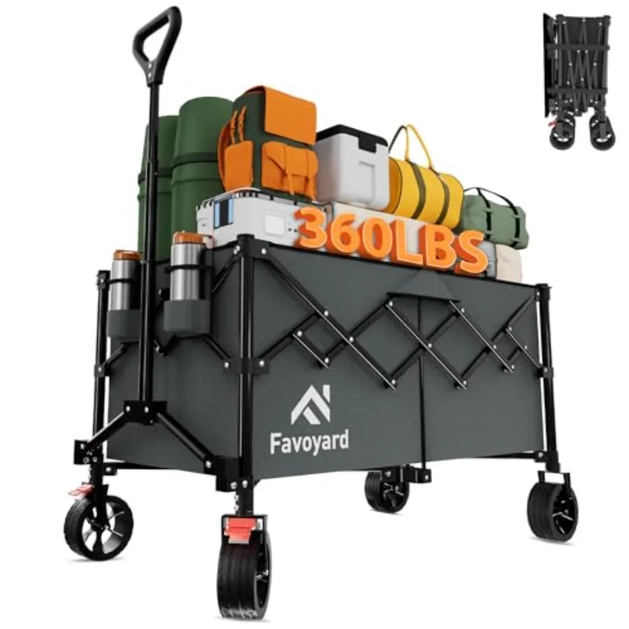 

Extra Large Collapsible Wagon Carts Foldable 360LBS Heavy Duty Beach Wagons with Big Wheels Brakes Portable Folding Cart for Sh