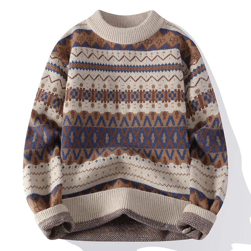 Vintage Jacquard Sweater for Men Color Blocking Pullover Sweaters Winter Knitted Top Long Sleeve Knit Christmas Sweater Couple