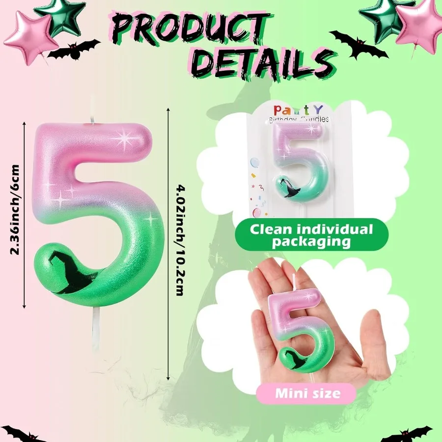 Witch Number Candle Birthday Decor Pink and Green Party Decorations Witch Movie Candle for Girl Boy Birthday Halloween Party Su
