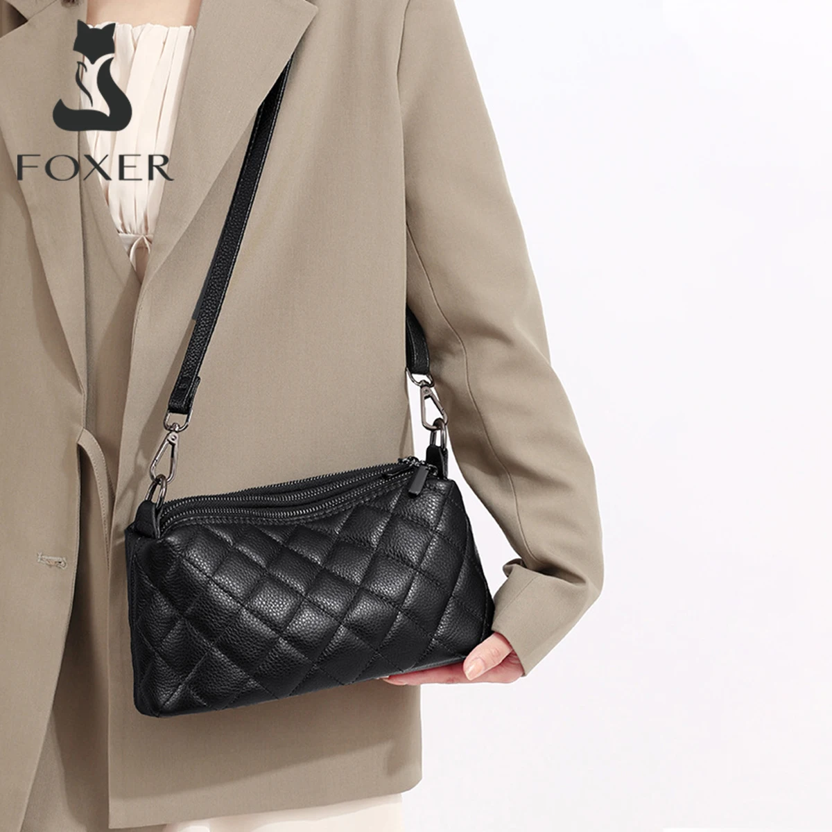 FOXER Genuine Leather Women's Shoulder Bag Simple Quilted Female Crossbody Bag Multi Zipper Casual Phone Purse for Daily Use