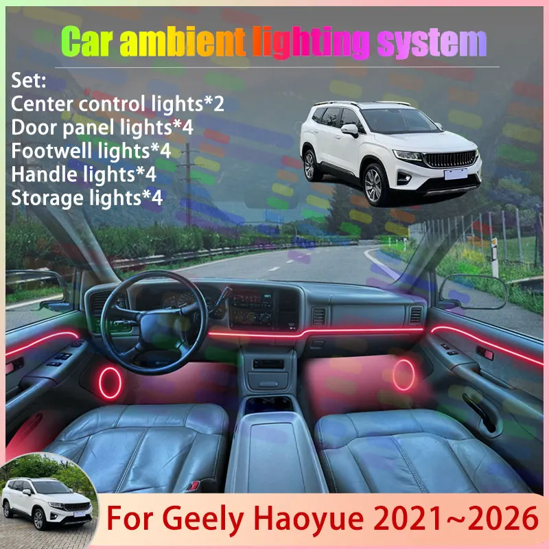 

Для Geely Haoyue 2021 ~ 2026 VX11 Okavango Livan 9 2/24 в 1 автомобильная атмосферная лампа RGB абажур ансамбль стример атмосферный набор
