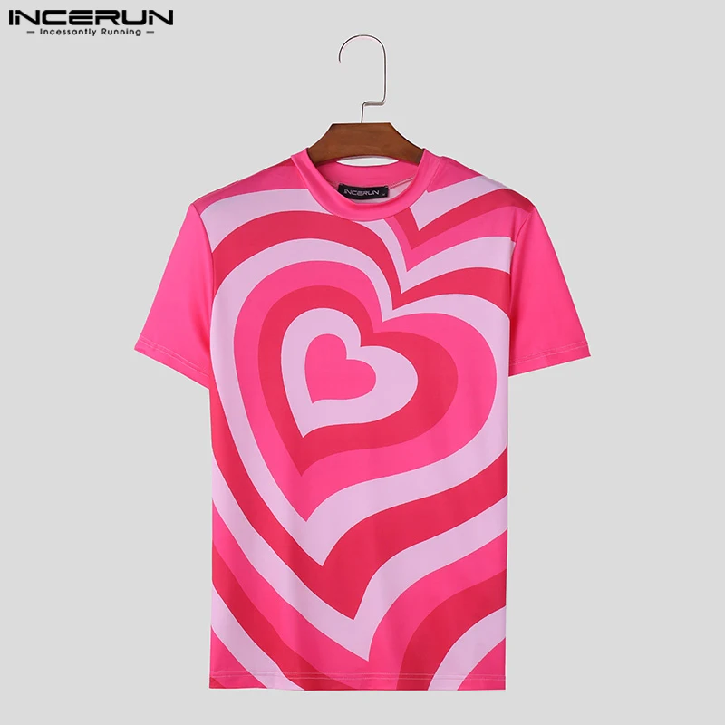 INCERUN Tops 2024 Fashionable New Men\'s Gradient Love Pink T-shirts Casual Stylish Male Hot Selling Short Sleeved Camiseta S-5XL