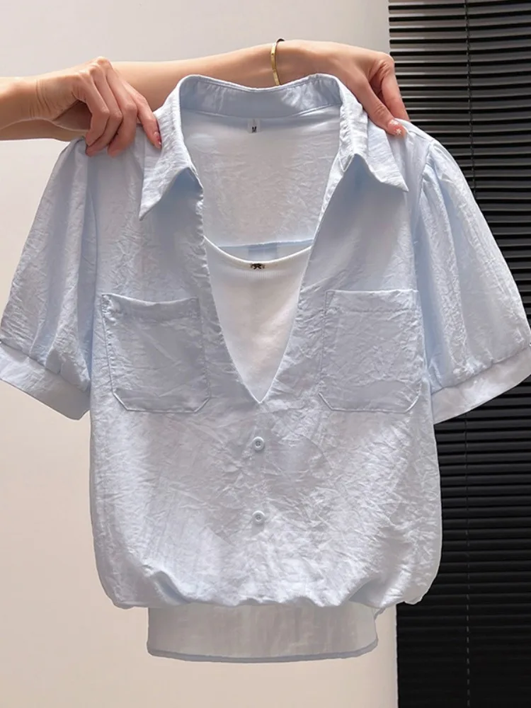 

Summer New Style Women's Loose Fit Short V-Neck Shirt Thin Lazy Style Top Polyester Fiber Commute Style Korean Version