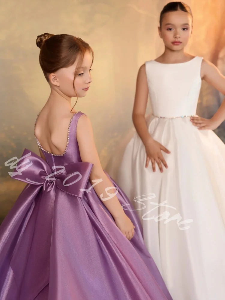 Elegant Satin Flower Girl Dress With Beaded Cape High Waist Voluminous Skirt Wavy Edge Train Multi Colors For Wedding Pageant