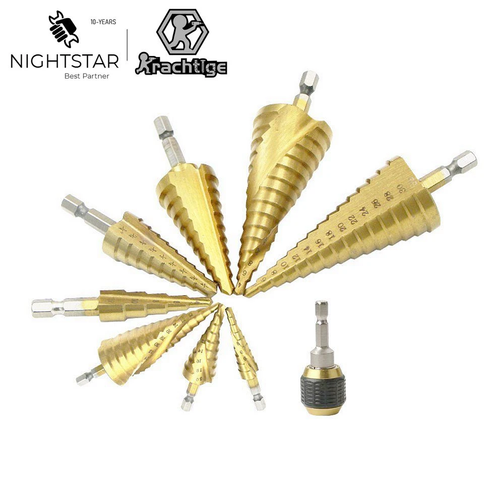 Hss Hex Titanium Coated Step Cone Broca Buraco Metal Madeira Cortador Ferramenta 412 mm 420 mm 4-22 mm 432 mm Universal Chuck Adapter