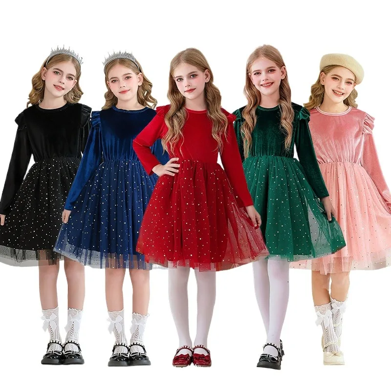 

2025 Ruffle Style Long-sleeved Stars Mesh Spliced Dress Princess Christmas Party Performance Clothes Children's Winter Clothing