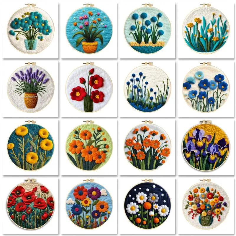 

GATYZTORY DIY Wool Felting Painting With Embroidery Frame Flower Picture Needle Felting Kit Diy Creative Making Wool Felt Kit