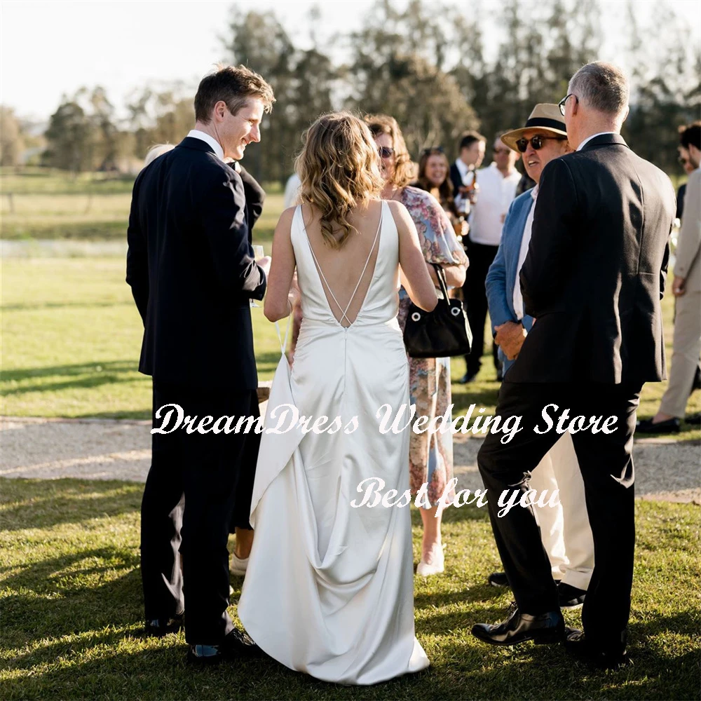 DREAM-vestido de novia de sirena sin mangas, traje elegante de satén con escote en V profundo, espalda abierta, sencillo, hecho A medida