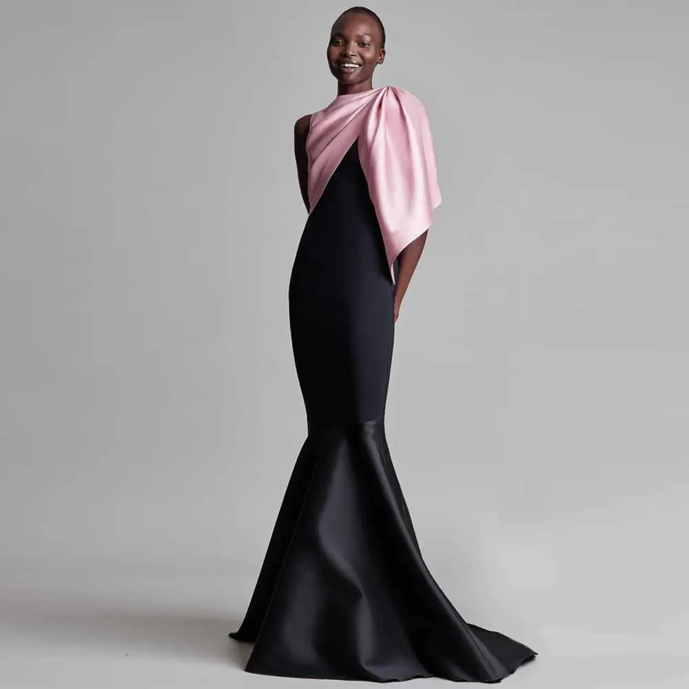 2025 Special Occasion Dresses Satin Mermaid/Trumpet Valentine's Day Dress Black and Pink One-shoulder Pleat Ruched Prom Dresses