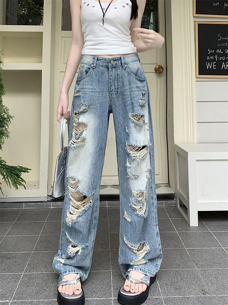 

Woman Spring And Summer High Waist Jeans Retro Do Old Rivet Ripped Jeans Loose All-match Streetwear Straight-leg Mopping Pants