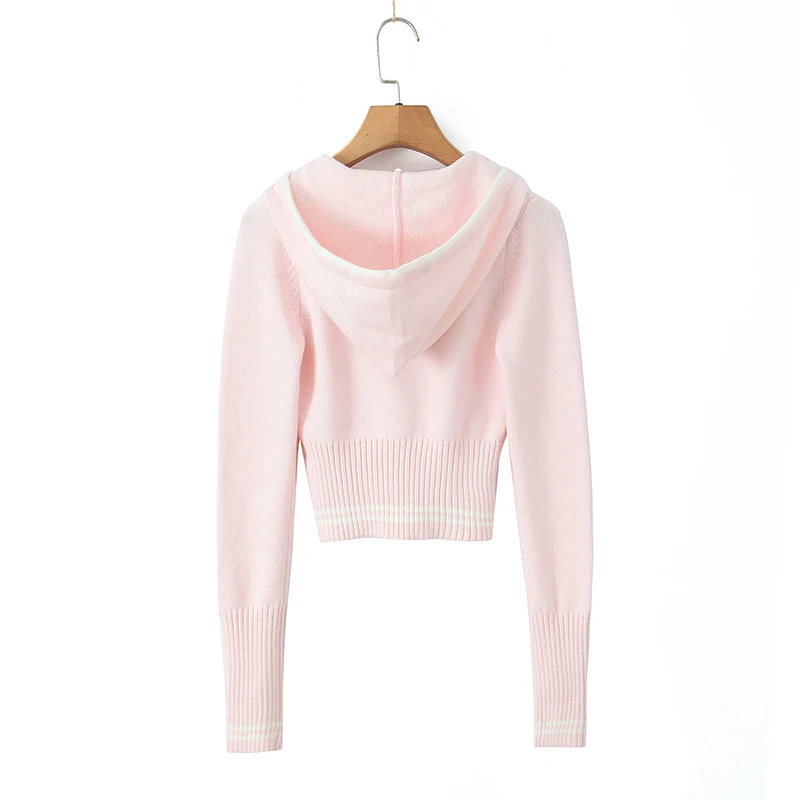 Sexy Women Pink Hooded Crop Knit Cardigan Coat Long Sleeve Slim Autumn Sweater Outfits