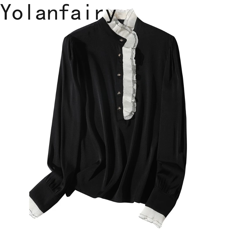 YOLANFAIRY 95% chemisiers en soie de mûrier véritable pour femme automne élégant chemises à manches longues femme Chic haut noir chemisier de Style coréen